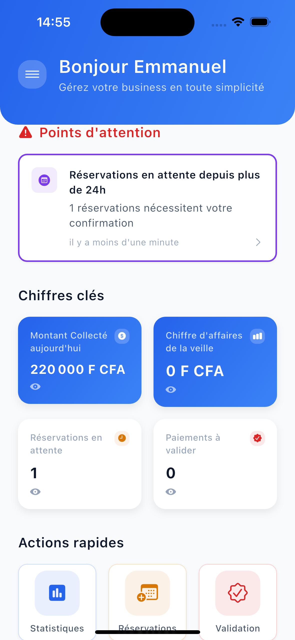 Interface mobile de l'application Valets